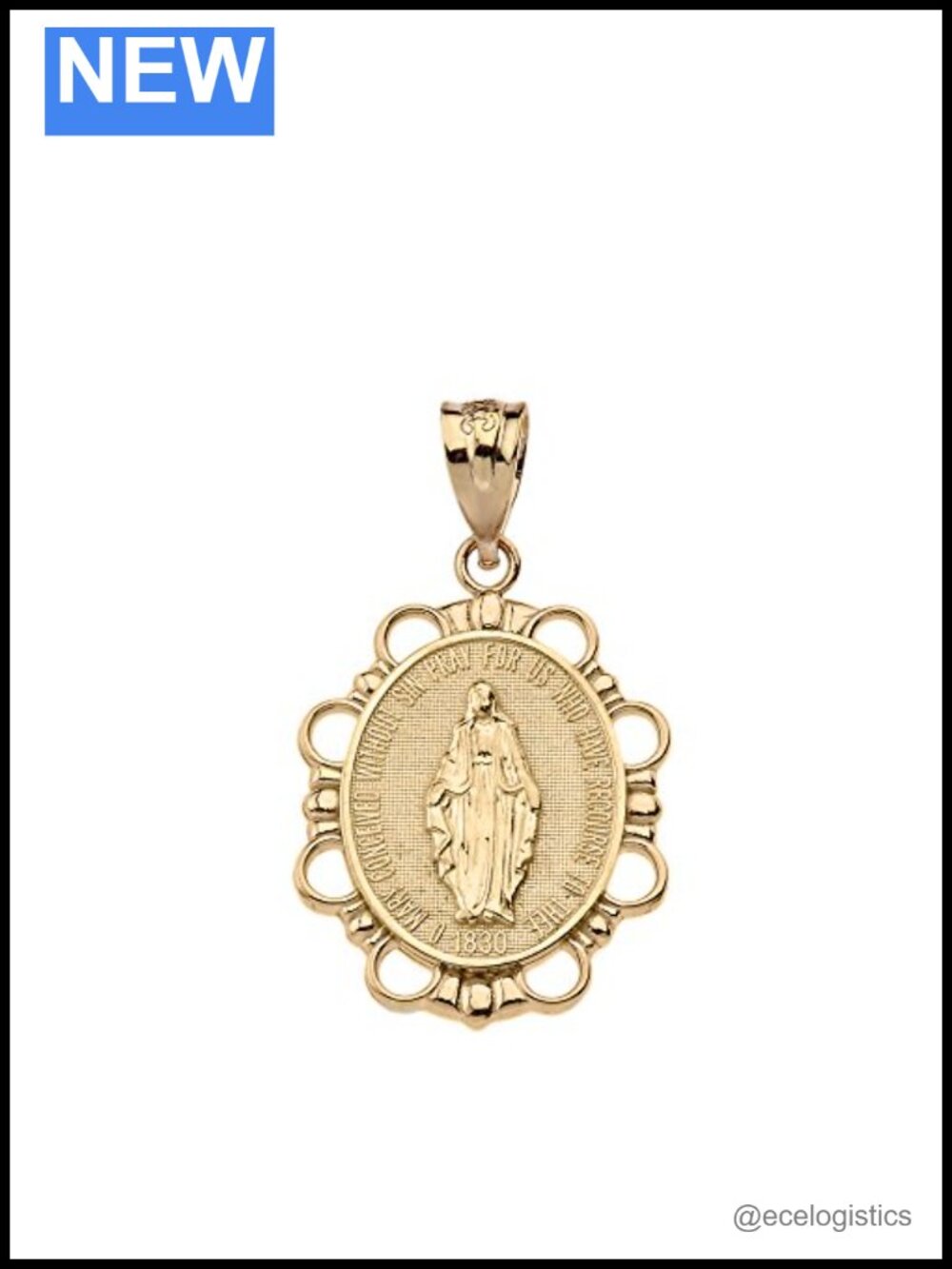 14K Yellow Gold Miraculous Medal Blessed Virgin Mary Pendant Necklace